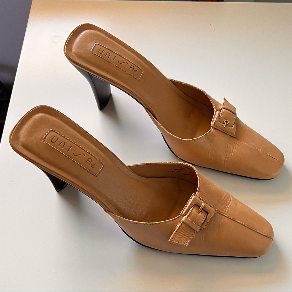 Unisa Tan Leather Buckle Mules